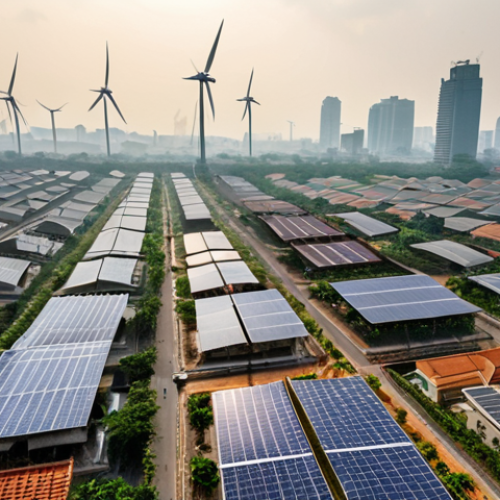 Home 4 **Image Prompt:** A bustling Vietnamese city skyline under a hazy sky, contrasted with solar panels and wind turbines in the foreground. Emphasize the integration of renewable energy solutions into urban infrastructure to combat climate change and air pollution. Focus on modern, sustainable technology blended with the traditional Vietnamese cityscape.
