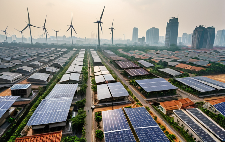 **Image Prompt:** A bustling Vietnamese city skyline under a hazy sky, contrasted with solar panels and wind turbines in the foreground. Emphasize the integration of renewable energy solutions into urban infrastructure to combat climate change and air pollution. Focus on modern, sustainable technology blended with the traditional Vietnamese cityscape.