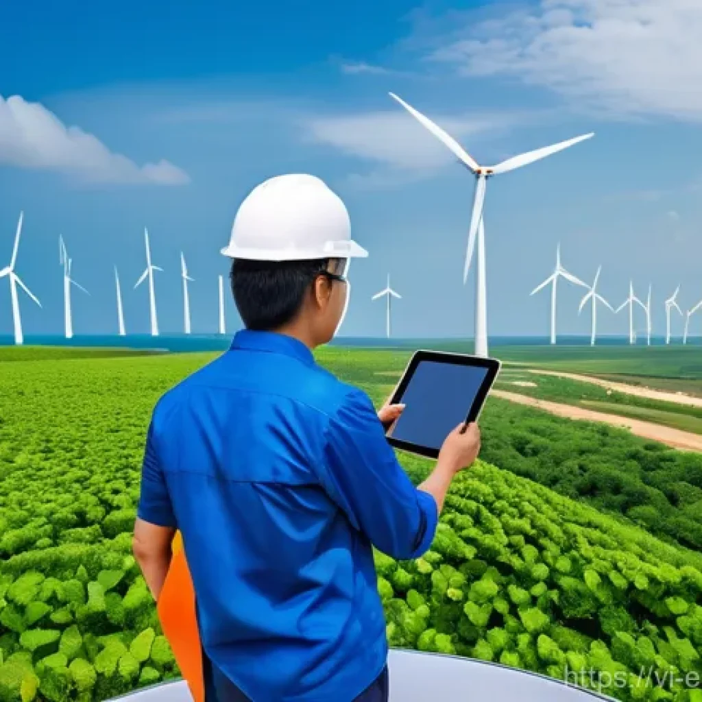 환경공학의 국제 협력 - **Prompt:** A futuristic and vibrant wind energy farm stretching along the coastal region of Bạc Liê...