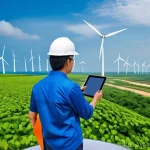 Home 17 환경공학의 국제 협력 - **Prompt:** A futuristic and vibrant wind energy farm stretching along the coastal region of Bạc Liê...