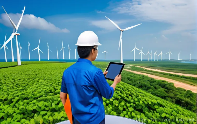 환경공학의 국제 협력 - **Prompt:** A futuristic and vibrant wind energy farm stretching along the coastal region of Bạc Liê...