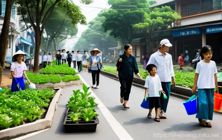 환경공학 설계 - **Prompt:** A vibrant, bustling Vietnamese city street scene, with hints of modern architecture and ...