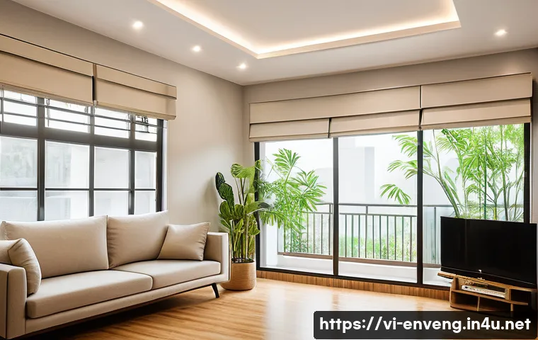 환경 에너지 효율 기술 - A modern Vietnamese family living room featuring energy-efficient electronic devices: an inverter ai...