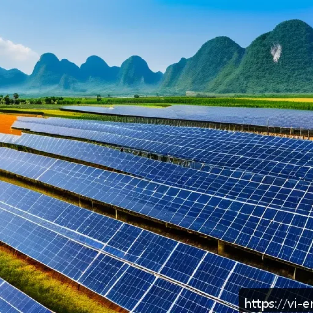 환경 보호 기술 - A large-scale solar farm in Ninh Thuận province, Vietnam, featuring rows of modern solar panels glis...