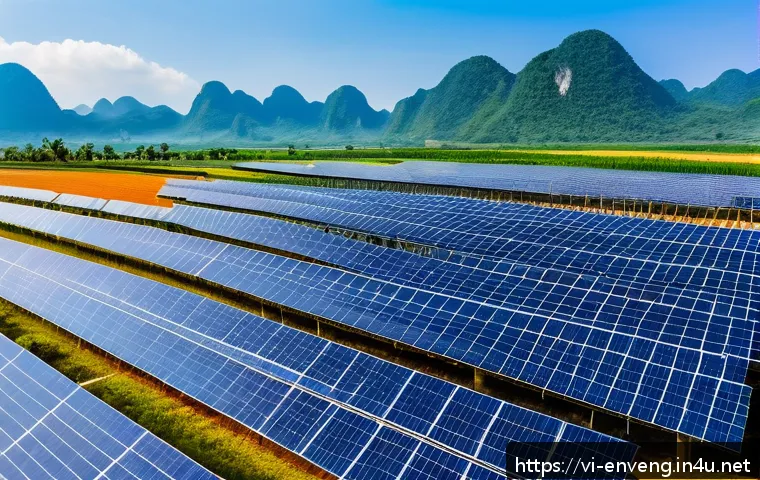 환경 보호 기술 - A large-scale solar farm in Ninh Thuận province, Vietnam, featuring rows of modern solar panels glis...