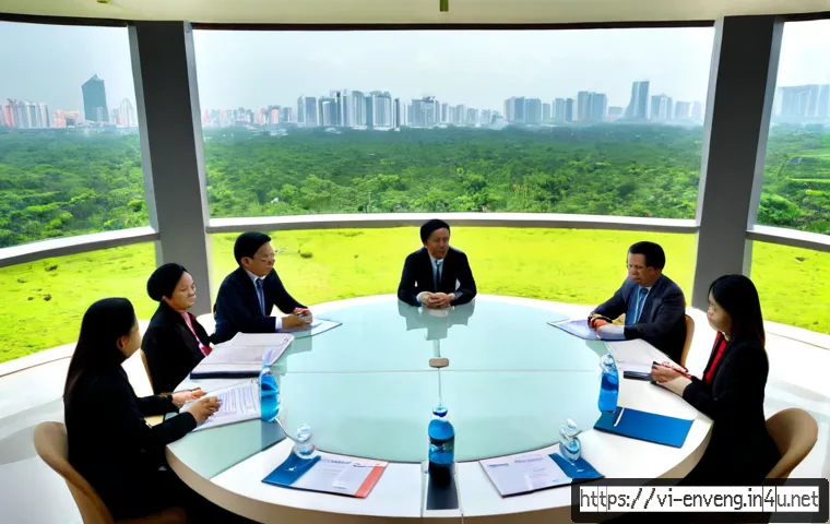 국제 환경 규제 및 정책 - Photorealistic wide-angle scene of an international environmental policy meeting in Hanoi, Vietnam, ...
