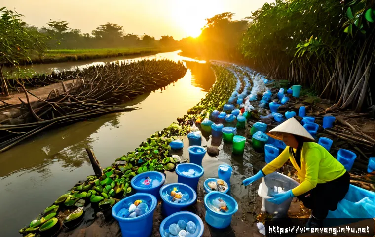 Home 17 환경오염과 해결책 - Photorealistic wide-angle scene of a Vietnamese riverside community cleanup at sunrise, volunteers i...